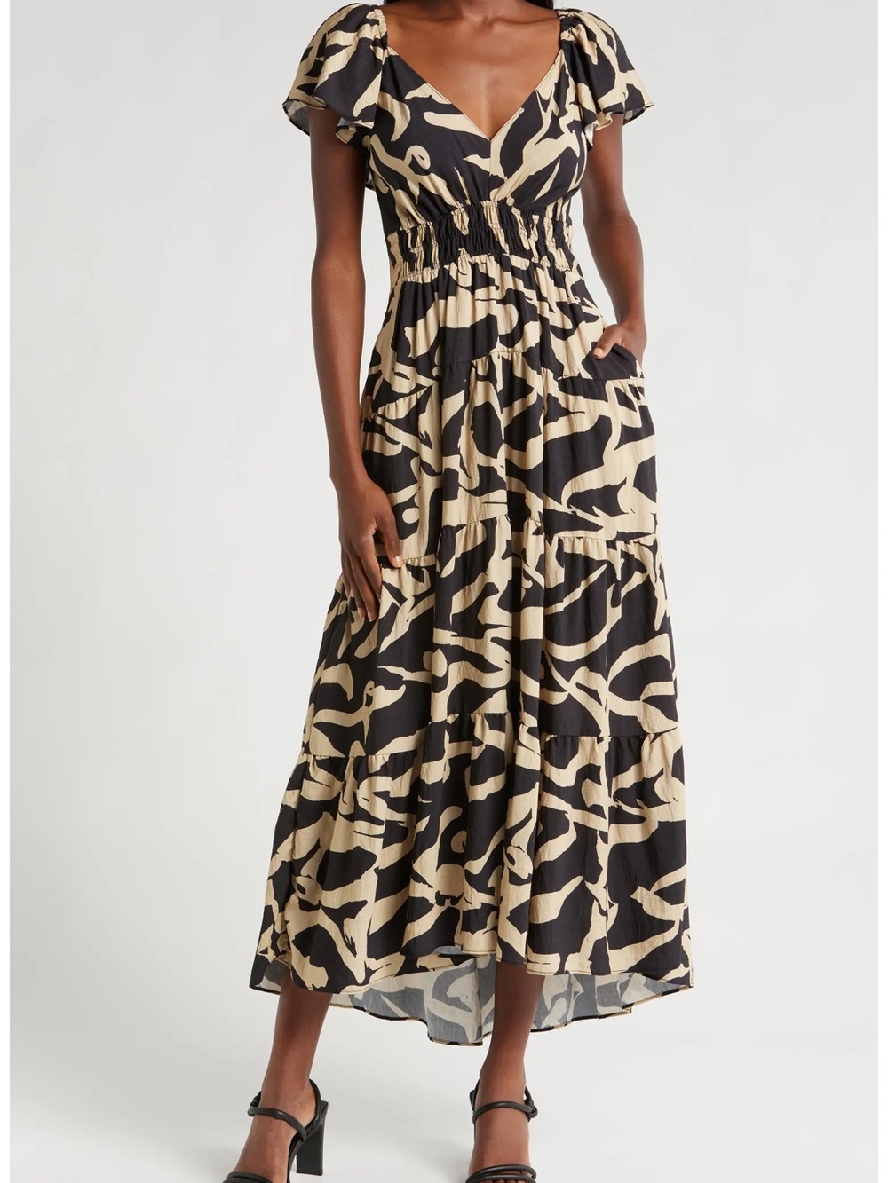 MELLODAY (Nordstrom) Black and Tan Abstract Print Maxi Dress L